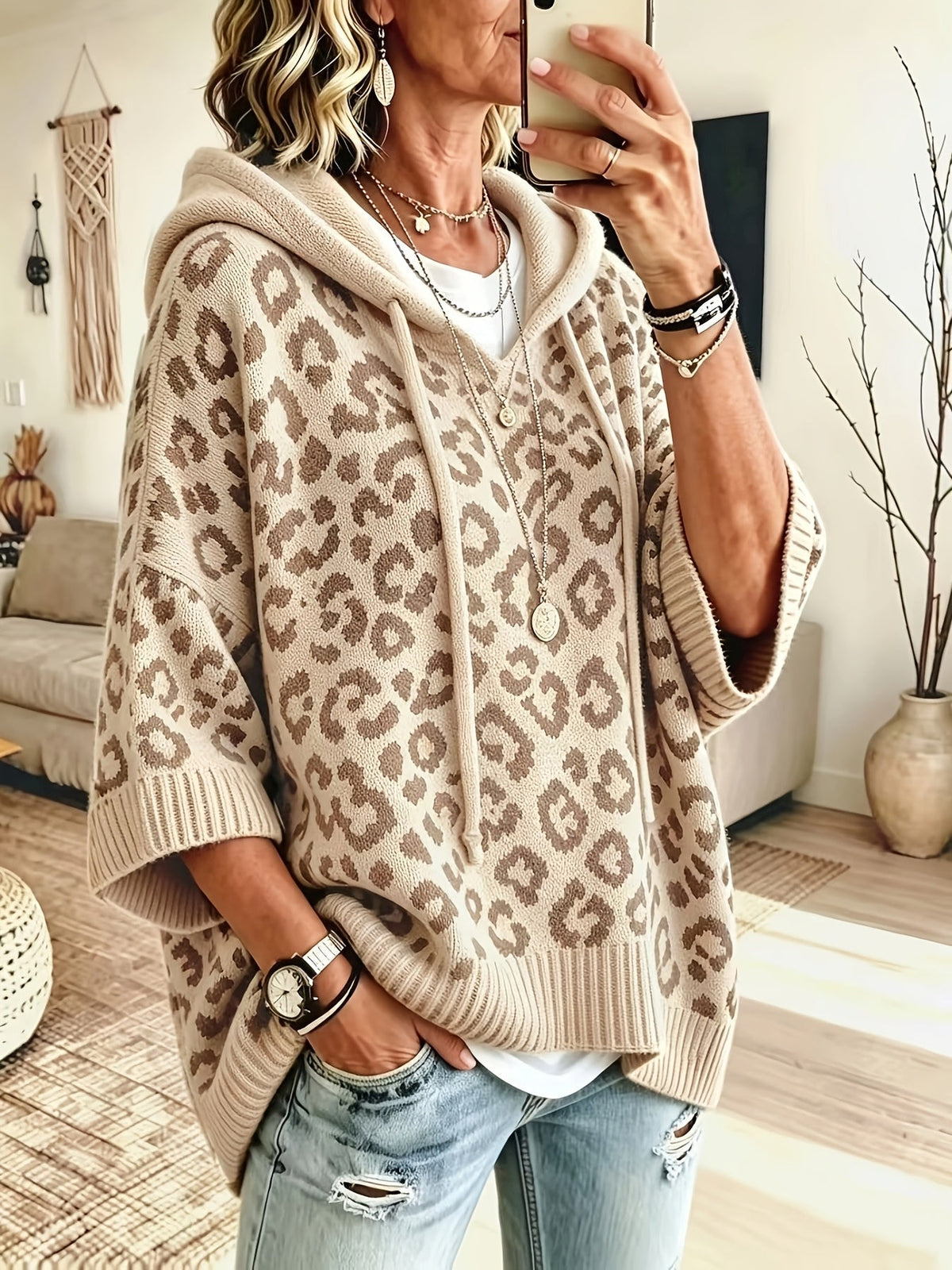 Oversized leopard batwing knit hoodie for women
