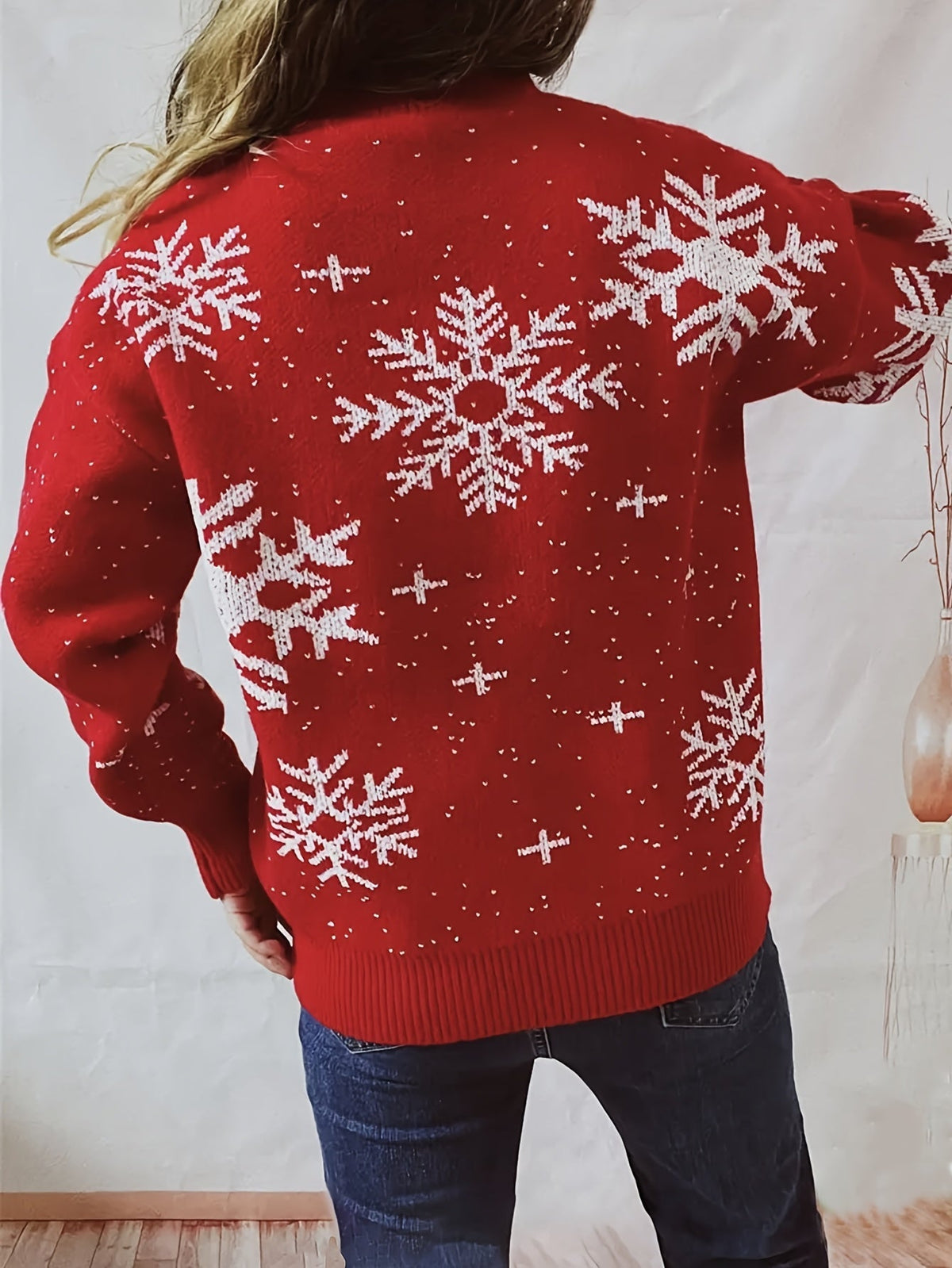 Red snowflake mock neck Christmas sweater for women
