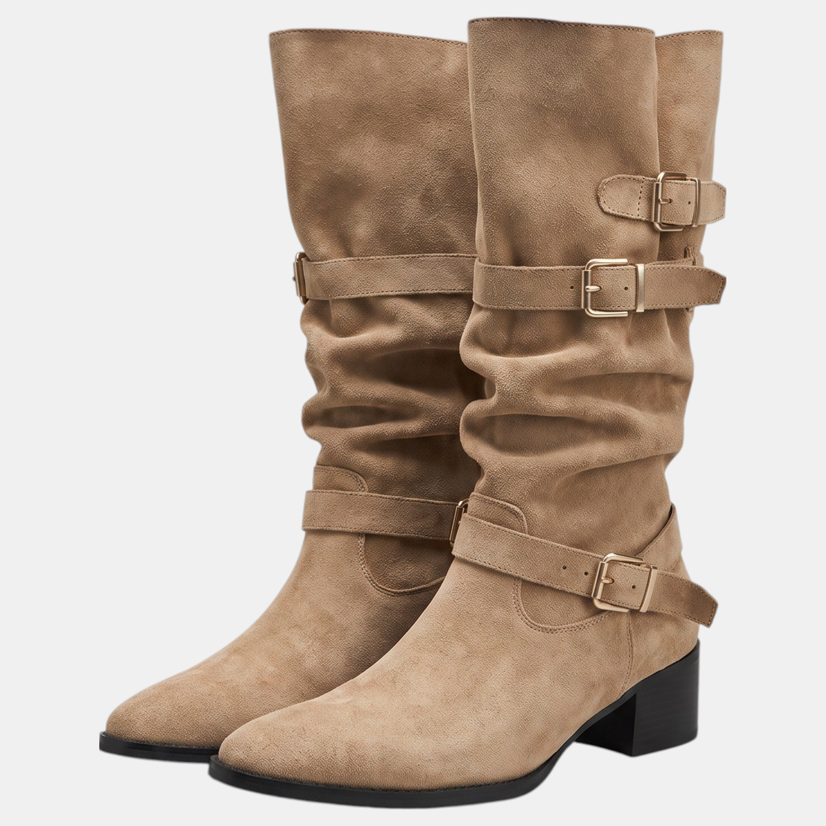 Triple buckle knee-high slouch boots for women