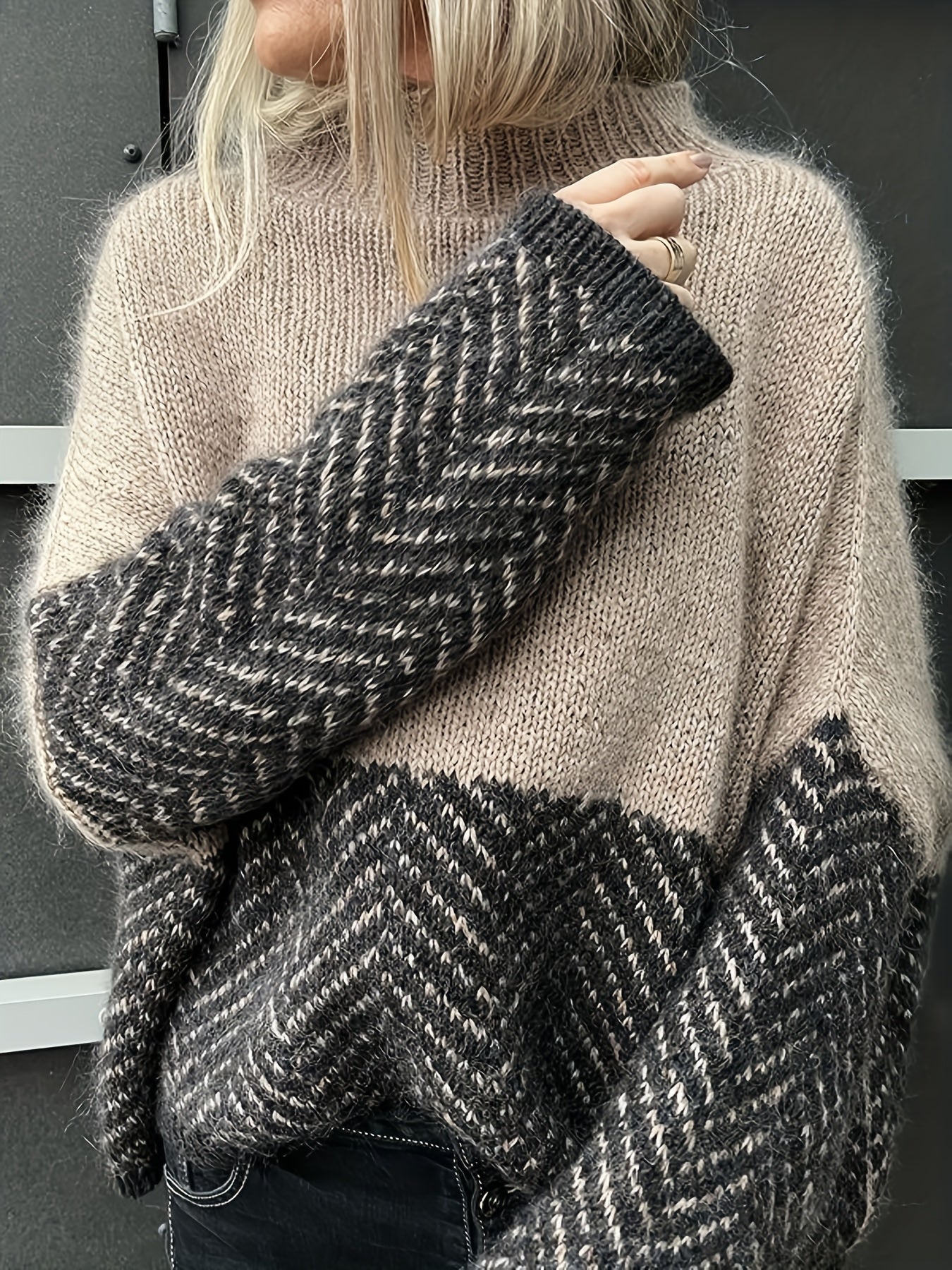 Colorblock chevron mock neck sweater for women