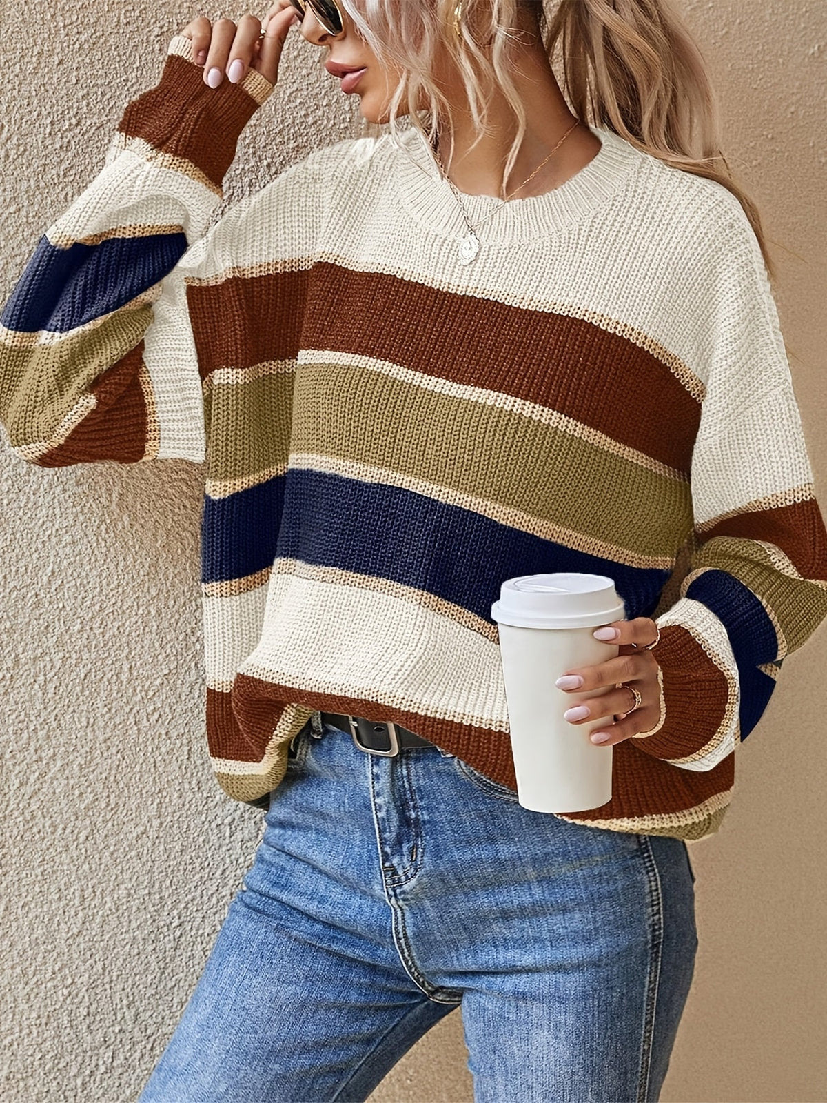 Striped color block sweater in burgundy, apricot and olive for women