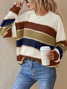 Striped color block sweater in burgundy, apricot and olive for women