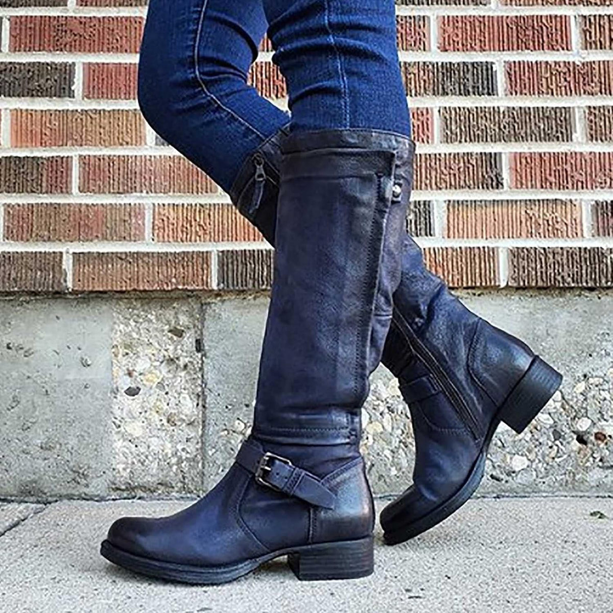 Glossy buckle knee-high boots in blue for women