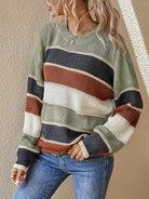 Striped color block sweater in burgundy, apricot and olive for women