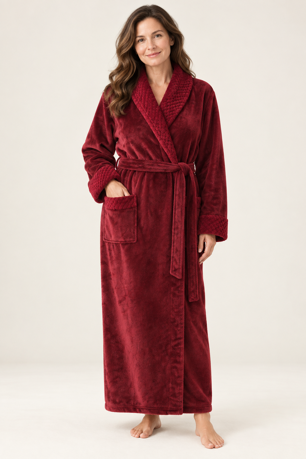 Sherpa-look trim plush robe for women