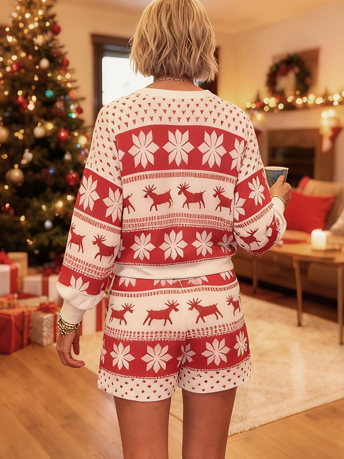 Red and white snowflake Christmas pajama set for women