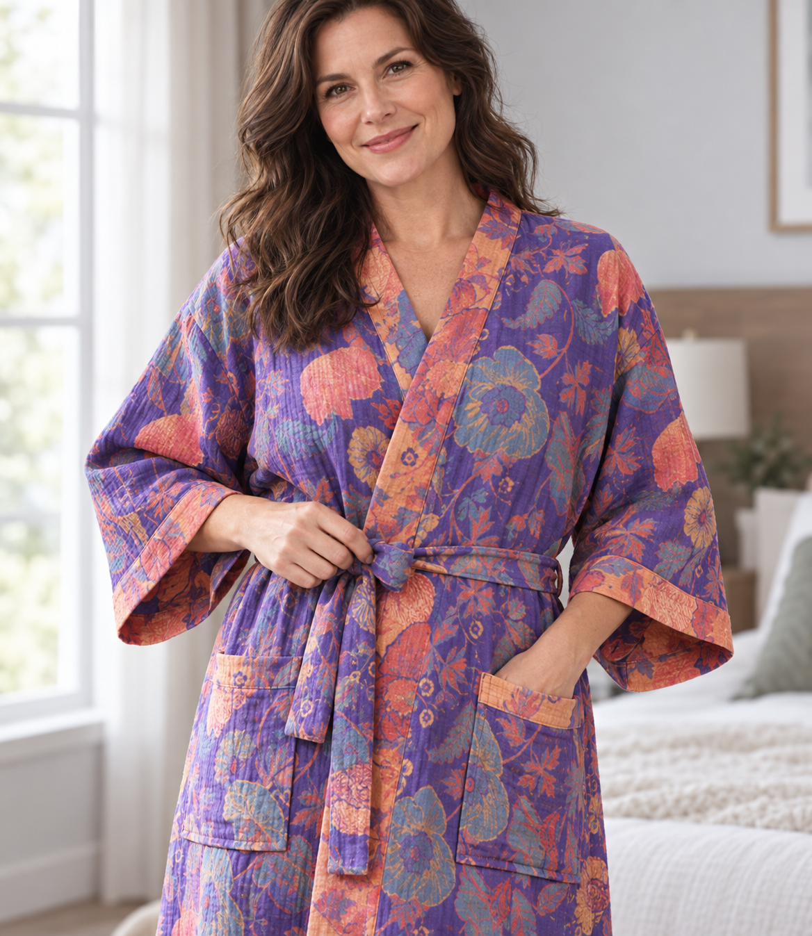Floral cotton kimono robe for women