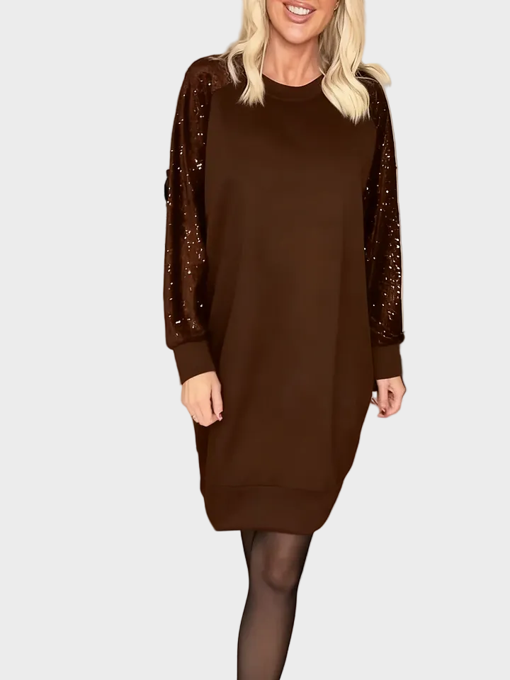 Sweatshirt dress with sequin sleeves and crew neck for women