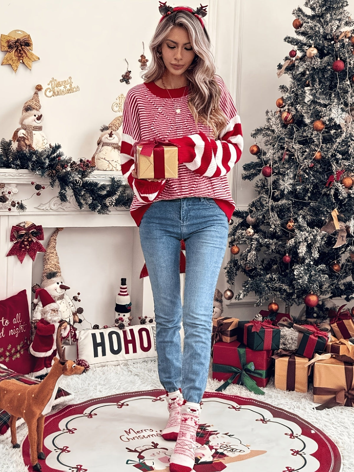 Red striped Christmas sweater with drop shoulders for women