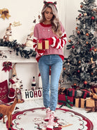 Red striped Christmas sweater with drop shoulders for women