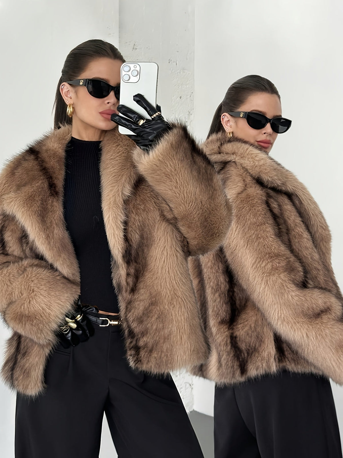 Cropped oversized faux fur coat in khaki for women