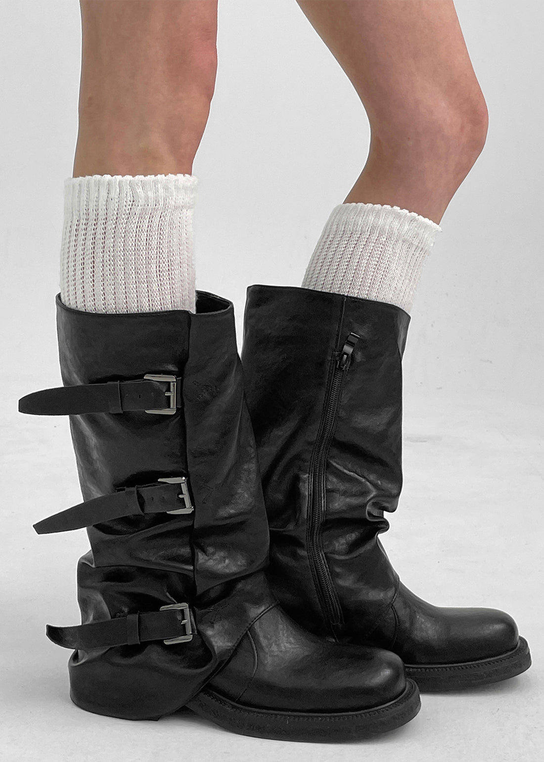 Slouchy buckle mid-calf boots in black for women