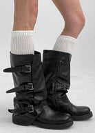 Slouchy buckle mid-calf boots in black for women