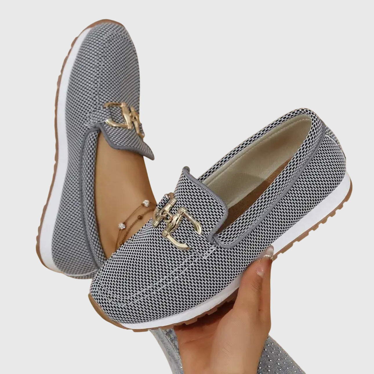 Mocasines con hebilla dorada mujer malla transpirable