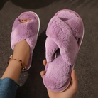 Criss cross fuzzy slippers in purple for women