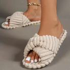 Cross knit plush slippers in beige for women