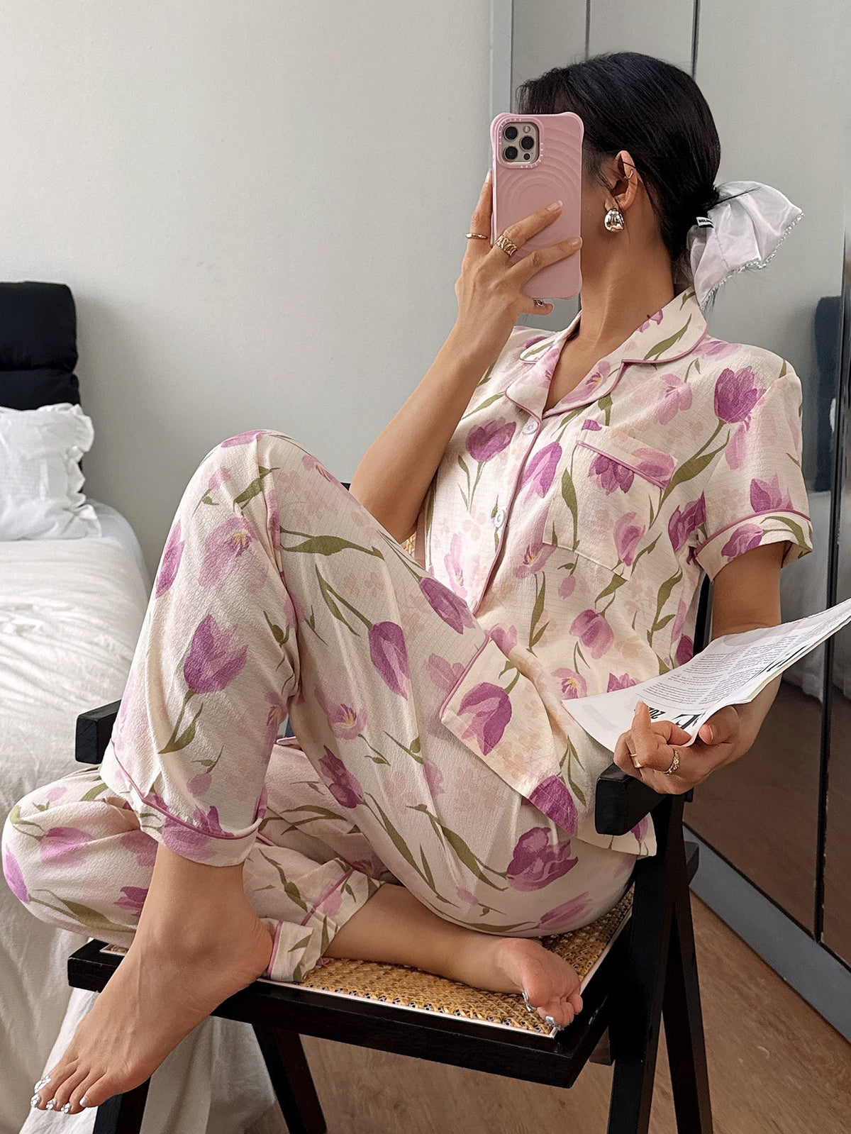 Floral pajama set in apricot for women