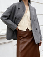 Cropped stand collar pea coat for women