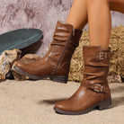 Black slouchy mid-calf double buckle boots for women