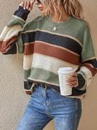 Striped color block sweater in burgundy, apricot and olive for women