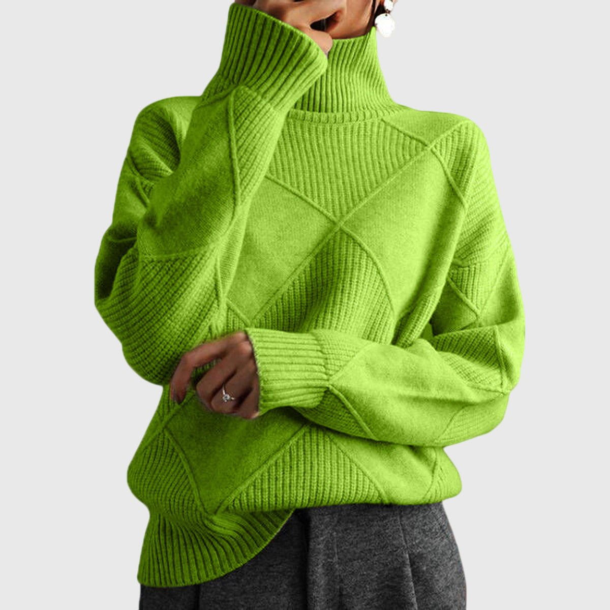Oversized turtleneck sweater in green for women