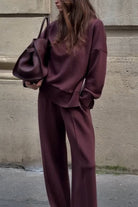 Relaxed knit wide-leg pant set in burgundy for women