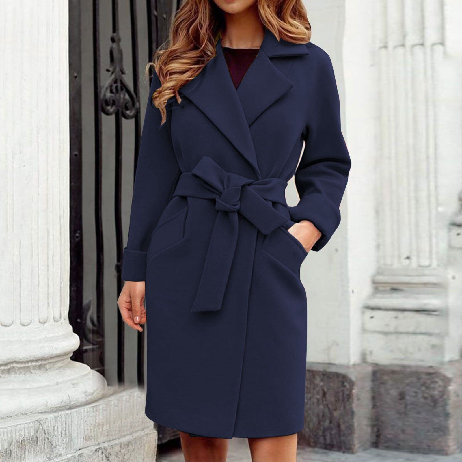 Bow tie wrap belted coat for women