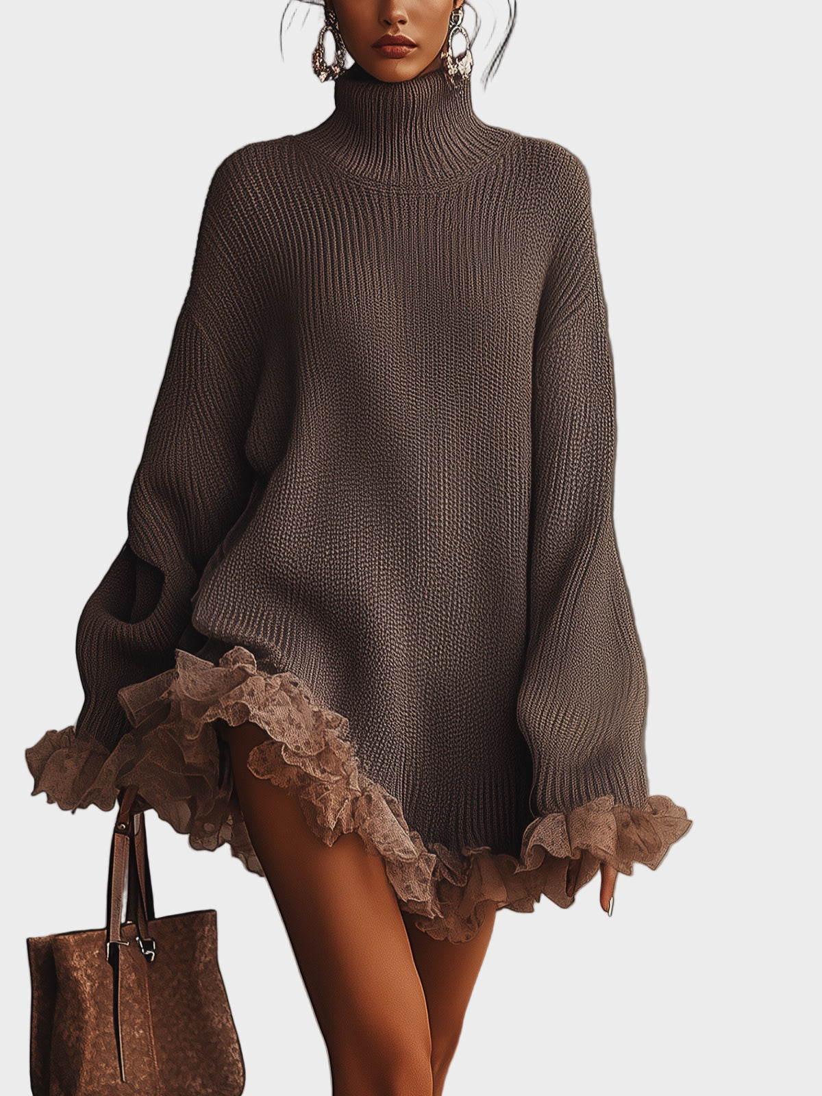 Ruffle trim turtleneck sweater dress for women