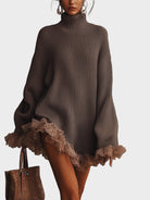 Ruffle trim turtleneck sweater dress for women