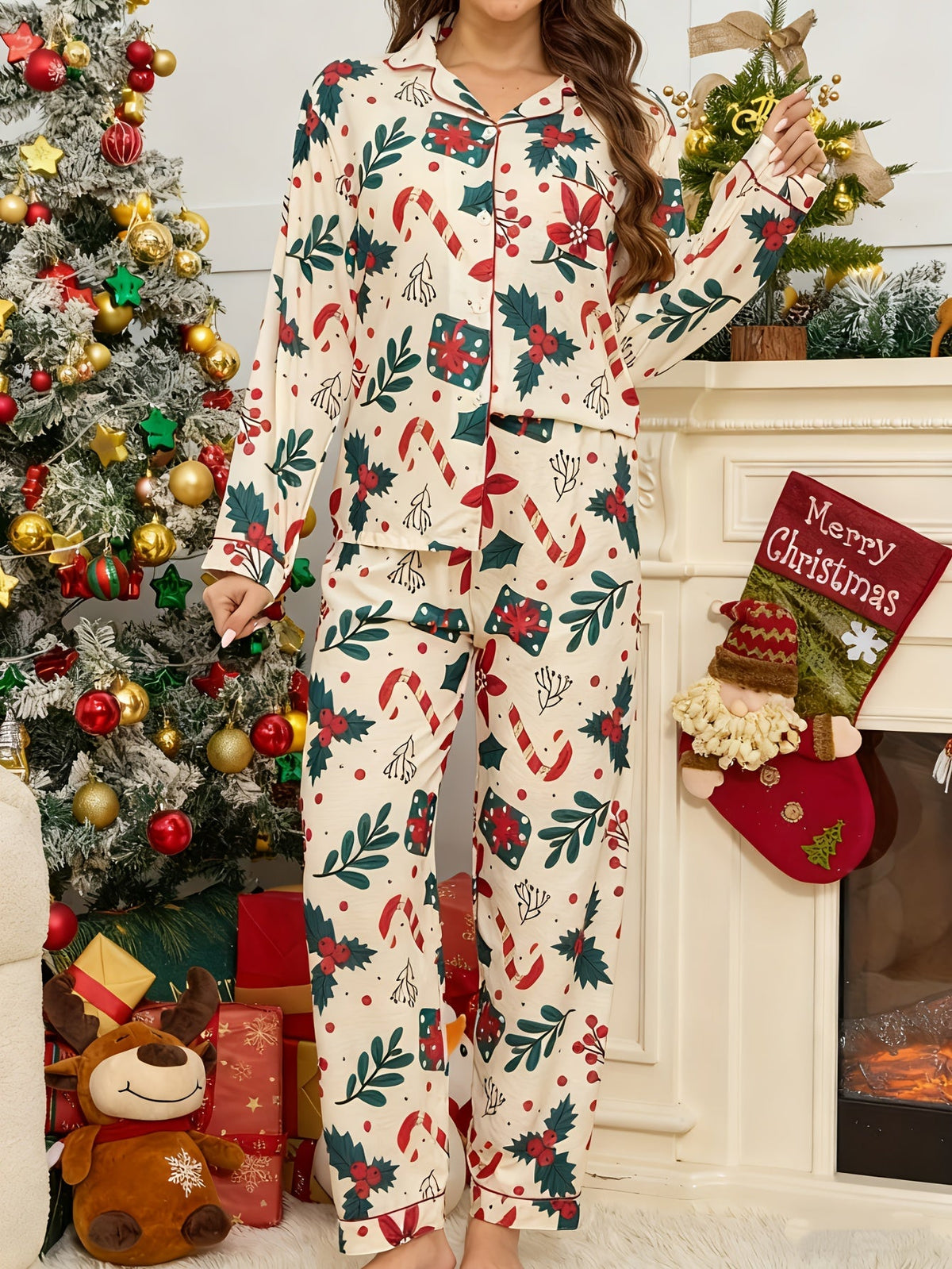 Candy cane Christmas pajama set in white for women