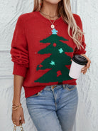 Red Christmas sweater with tree print for women