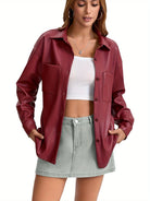 Leather-look shacket for women in brick red, light brown or black