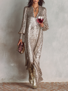 Loose sequin maxi dress with V-neck and balloon sleeves for women