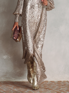 Loose sequin maxi dress with V-neck and balloon sleeves for women