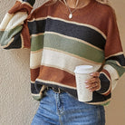 Striped color block sweater in burgundy, apricot and olive for women