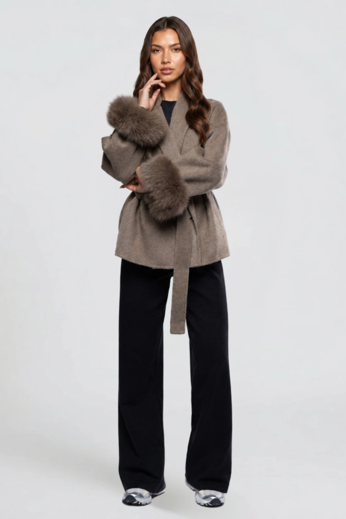 Relaxed fit wool-look belted coat for women