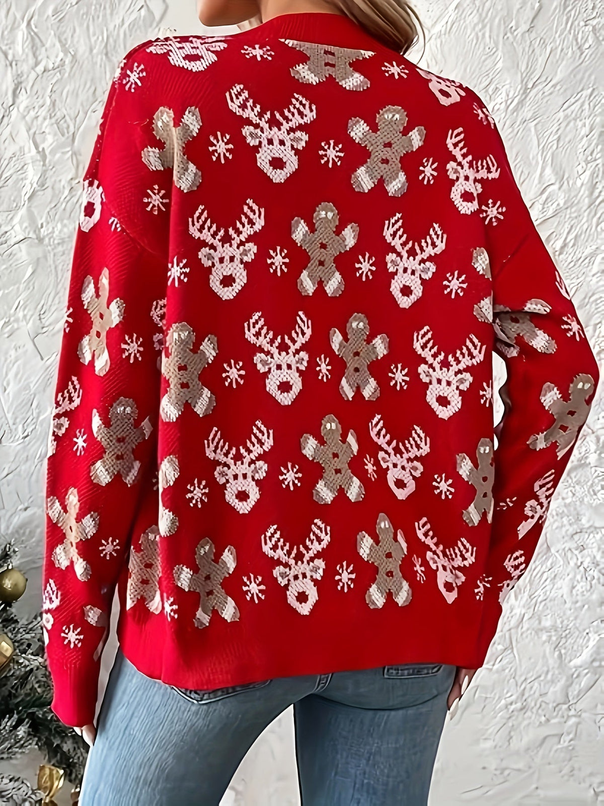 Red sequin Christmas cardigan with button front for women