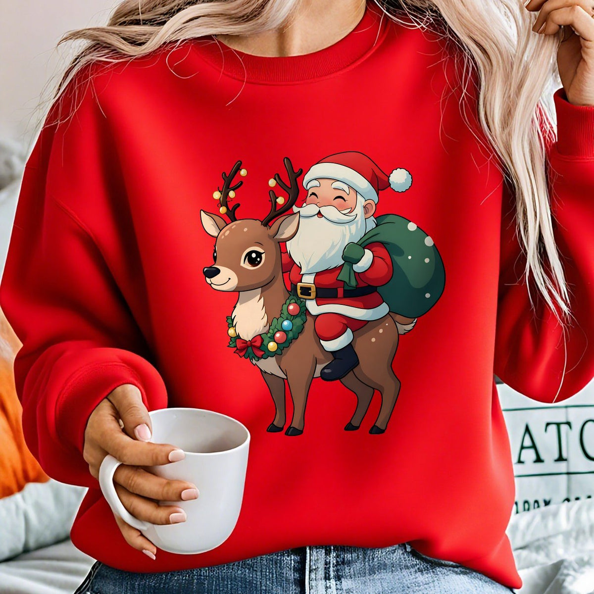 Christmas sweater with Santa and reindeer print for women