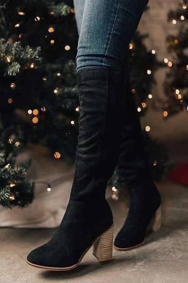 Block heel suede-look over-the-knee slouch boots for women
