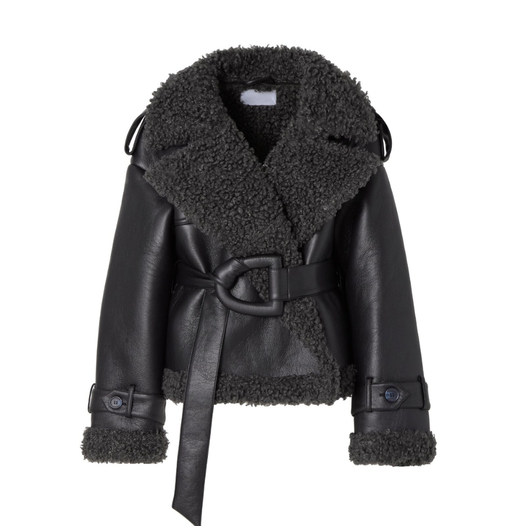 Belted shearling-look aviator jacket in black for women