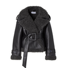 Belted shearling-look aviator jacket in black for women