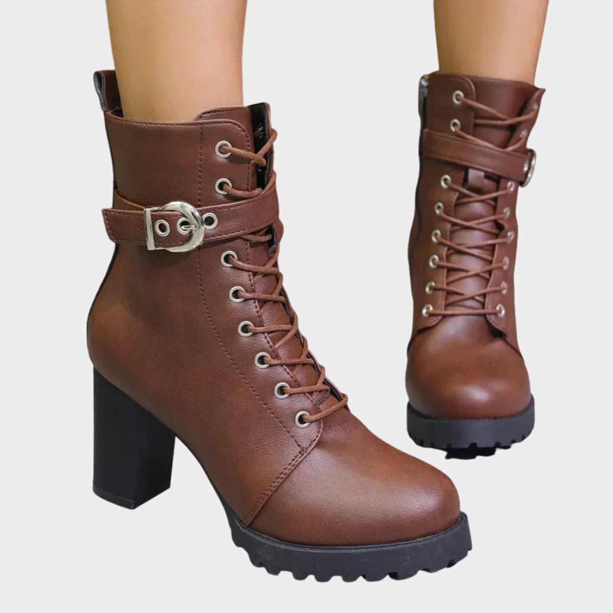Lace-up block heel ankle buckle boots for women