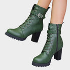 Lace-up block heel ankle buckle boots for women