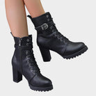Lace-up block heel ankle buckle boots for women