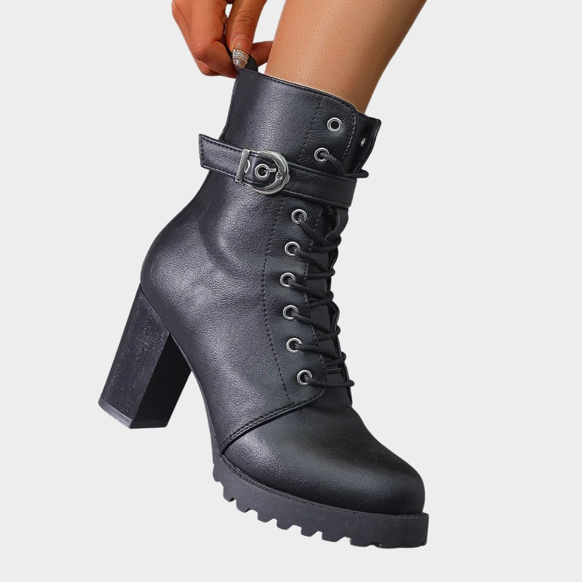 Lace-up block heel ankle buckle boots for women
