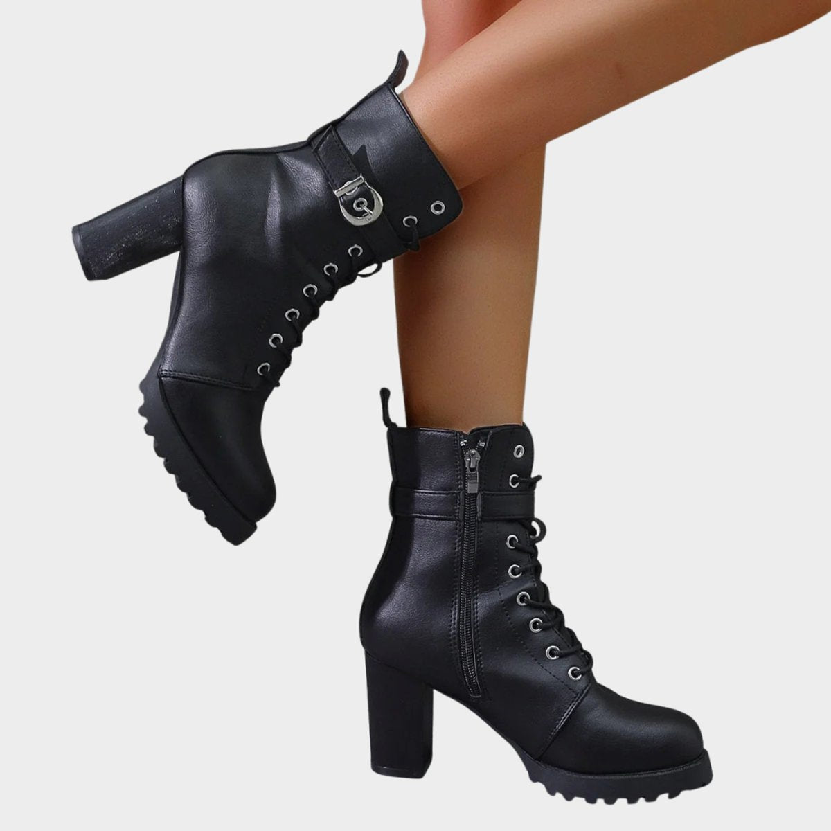Lace-up block heel ankle buckle boots for women