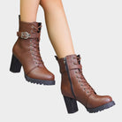 Lace-up block heel ankle buckle boots for women