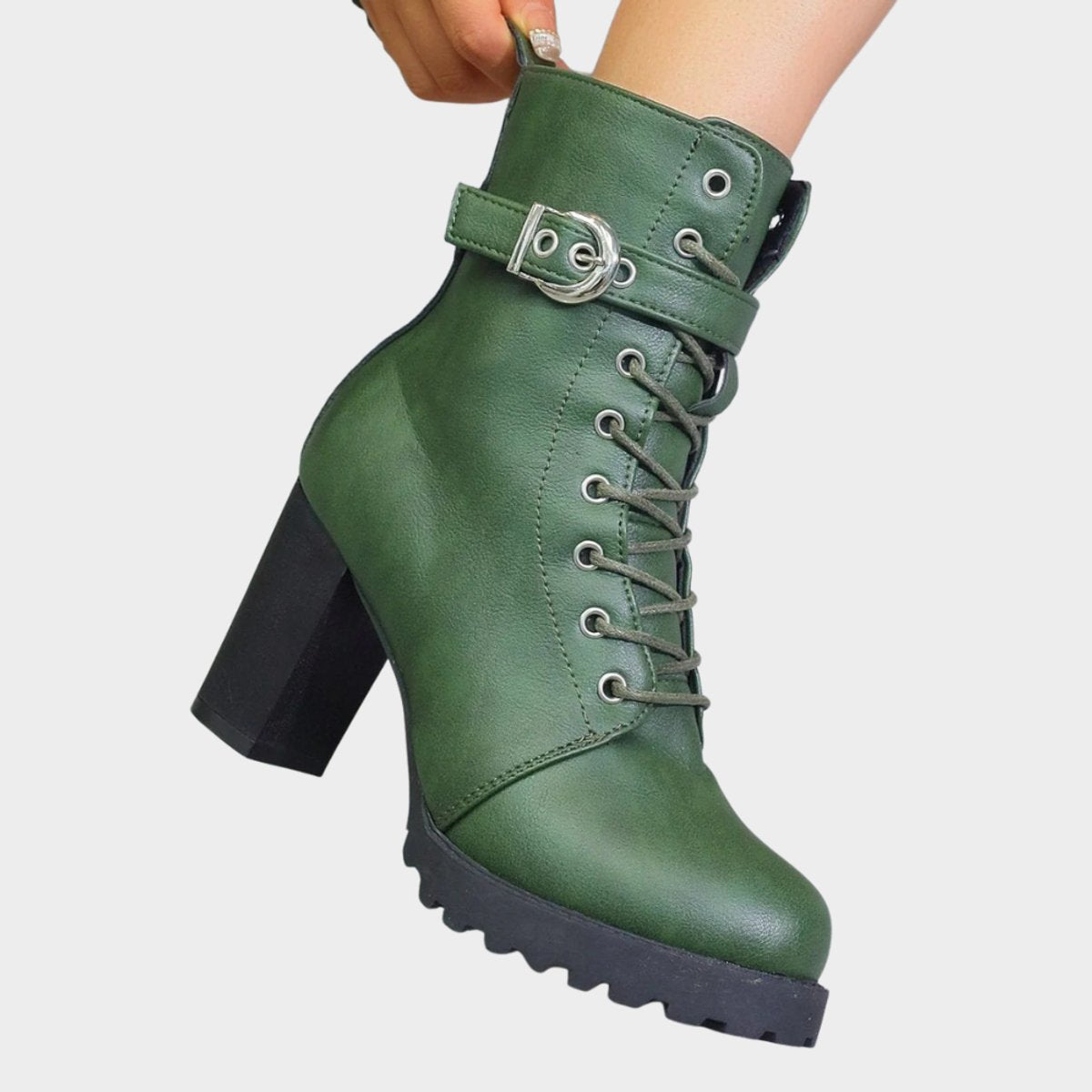 Lace-up block heel ankle buckle boots for women