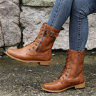 Lace-up mid-calf combat boots with side zip for women