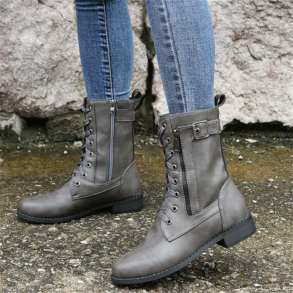 Lace-up mid-calf combat boots with side zip for women